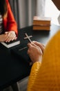 Two people reading and study bible in home and pray together.Studying the Word Of God With Friends Royalty Free Stock Photo