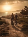 Two people riding bicycles on a path near the ocean Royalty Free Stock Photo