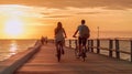 Two people riding bicycles on pier at sunset Royalty Free Stock Photo