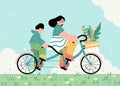 two people riding bike happily going outing in spring flat vector illustration. bicycle built for two. tandem bicycle. Royalty Free Stock Photo