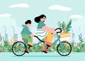 two people riding bike happily going outing in spring flat vector illustration. bicycle built for two. tandem bicycle. Royalty Free Stock Photo