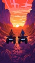 Two people riding four wheelers in a desert. Generative AI image. Royalty Free Stock Photo