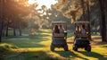 Two People Riding a Golf Cart on a Golf Course Royalty Free Stock Photo