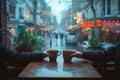 people savoring a warm cup of coffee at a street-side cafe table, enjoying the city\'s ambiance on a rainy day Royalty Free Stock Photo