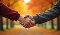Two people shake hands in autumn park evening. Fall foliage, warm sunset light. Symbolic gesture agreements, partnership, trust,