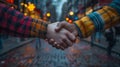 Two people shaking hands on a city street, AI Royalty Free Stock Photo