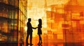 Two People Shaking Hands in Front of a Building. Silhouettes of people. Love in the modern world. Business relations Royalty Free Stock Photo