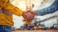 Two people shaking hands in front of a construction site Royalty Free Stock Photo