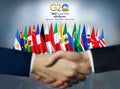 Two people shaking hands in front of G20 member countries\' flags