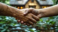 Two People Shaking Hands in Front of a House Royalty Free Stock Photo