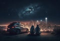 Two people sit on the roof of the car and look at the beauty of the city at night. AI Generated