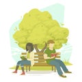 Two people sitting on a bench reading, studying, relaxing. Summer day in the park. Vector Royalty Free Stock Photo