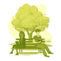Two people sitting on a bench reading, studying, relaxing. Summer day in the park. Vector Royalty Free Stock Photo