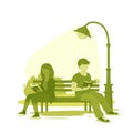 Two people sitting on a bench reading, studying, relaxing. Summer day in the park. Vector Royalty Free Stock Photo