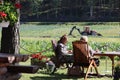 Two people in an outdoor cafe on a farm in the countryside Royalty Free Stock Photo