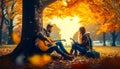 Two people sitting under tree playing guitar. Generative AI