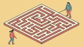 Two People Solving Isometric Rectangular Maze, vector design Generative AI Royalty Free Stock Photo