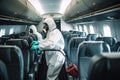 Two people specialists in protective suits spray disinfectant chemicals in airplane indoor