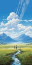 Romantic Anime Art: Valley Landscape With Lagoon Road And Blue Sky