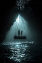 Two people are standing in a cave with water flowing out, AI