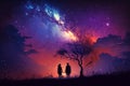 two people standing in front of tree under night sky. Generative AI Royalty Free Stock Photo