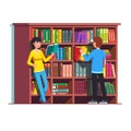 Two people standing in front of wooden bookcase Royalty Free Stock Photo