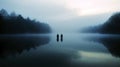 Two people standing on a misty lake at dawn with forest reflecting in the water Royalty Free Stock Photo