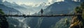 Two people standing on a suspension bridge in the mountains