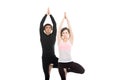 Two people standing in vrikshasana yoga pose