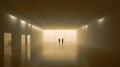 Two people talking in a large empty exhibition hall with decorative ceiling lights. Modern architecture. Generative AI