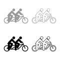 Two people on tandem bicycle ride together bike team concept riding travel set icon grey black color vector illustration image