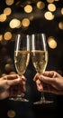 two people toasting champagne glasses in front of lights