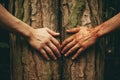 Two People Touching a Tree in a Peaceful Moment of Connection and Reverence, Two hands reaching for each other between a split Royalty Free Stock Photo