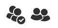 Two people users icon vector pictogram silhouette shape graphic, 2 community group profile member checkmark added to team ui