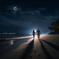 Two people walk hand in hand on the beach at night with moonlight