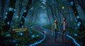 Two people walk on a path in a forest with glowing blue lights. Royalty Free Stock Photo