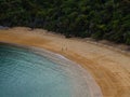 Two people walking along tropical pacific ocean beach surrounded by green nature, Abel Tasman National Park New Zealand Royalty Free Stock Photo