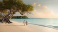 Two people walking on a beach holding hands. AI generative image Royalty Free Stock Photo