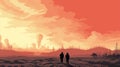 Two people walking in the desert with a large city in the background, AI