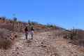 Two people walking on a dirt road