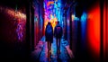 Two people walking down dark alley way with colorful lights on the walls. Generative AI Royalty Free Stock Photo