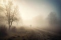 two people walking down a foggy road with trees in the background and a dog on the side of the road in the foreground