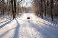 Two people walking down a snow covered road created with generative AI technology