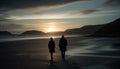 Two people walking on the sand, holding hands, enjoying sunset generated by AI Royalty Free Stock Photo