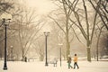 Two people walking in the snow in a park, AI Royalty Free Stock Photo
