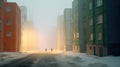 Two people walking on the street in a gloomy snowy city. Residential buildings during heavy snowstorm. Generative AI