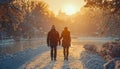 Two people walking in winter forest at sunset generated by AI Royalty Free Stock Photo