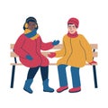 Friendly conversation between two people during the winter time. Isolated vector illustration.