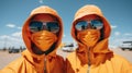 Two people wearing orange hoods and sunglasses. Generative AI image.