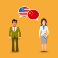 Two people with white speech bubbles with USA and China flags. Language study concept illustration Royalty Free Stock Photo